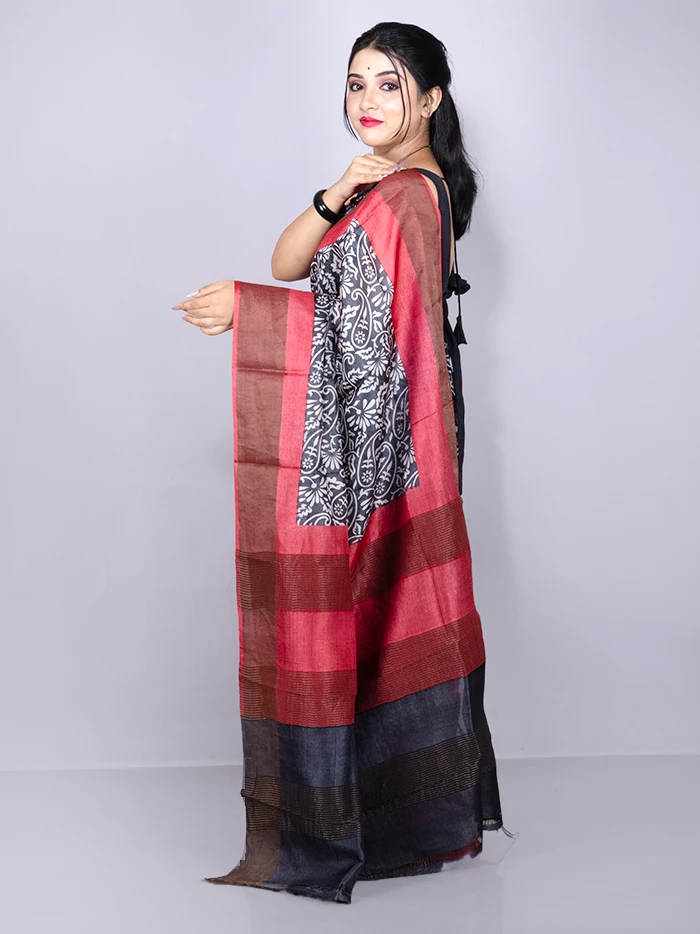 Wonderful Black Allover Block Printed Tussar Silk Saree