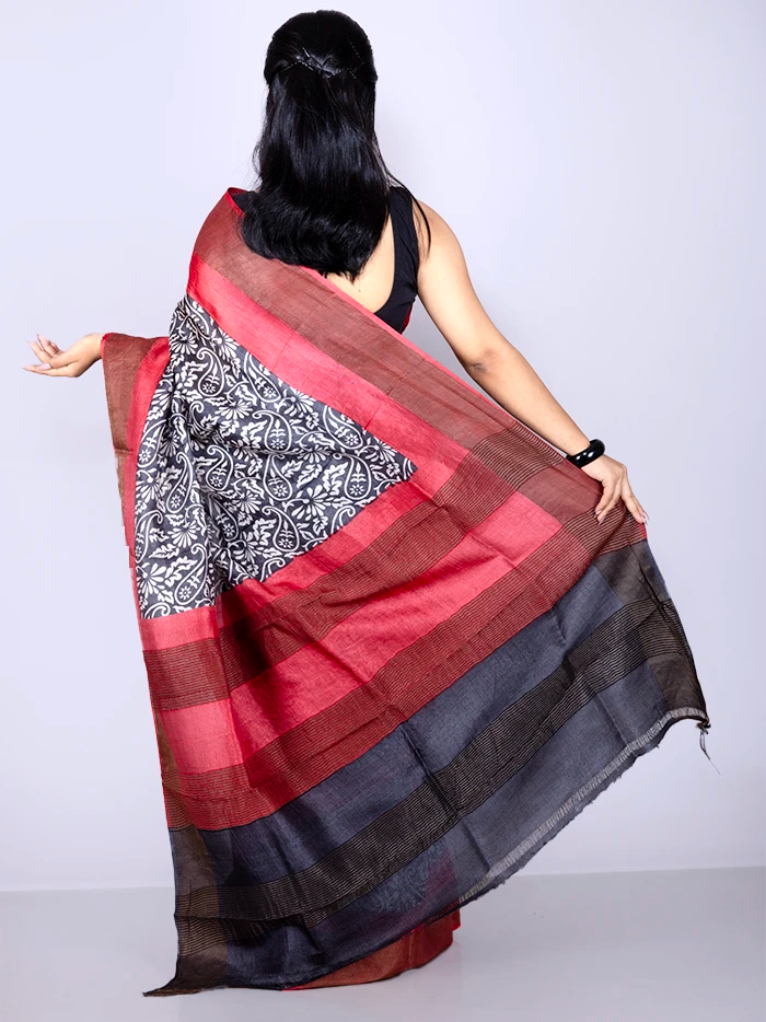 Wonderful Black Allover Block Printed Tussar Silk Saree