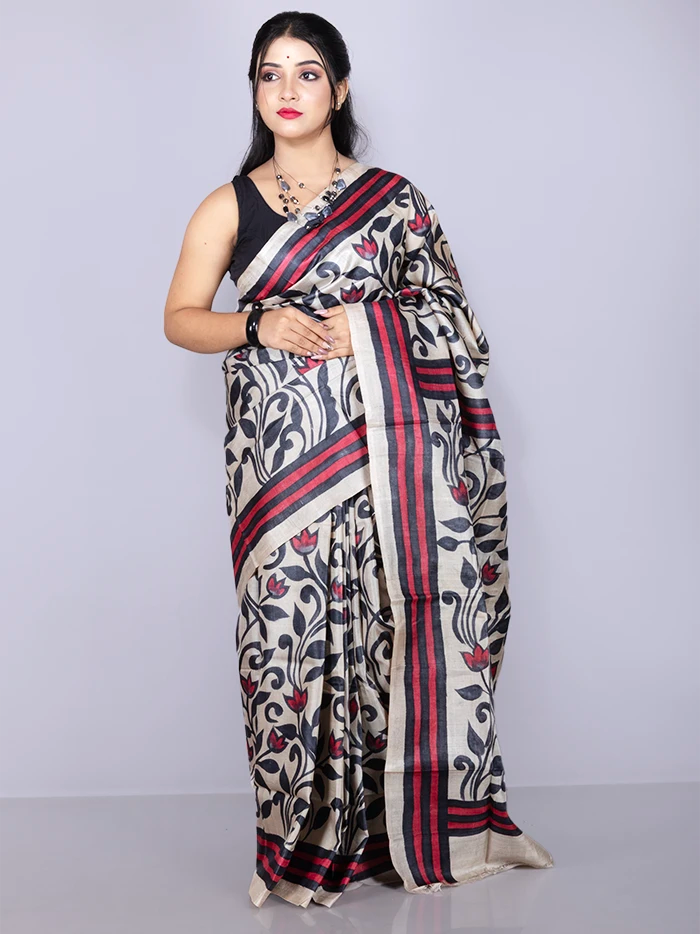 Elegant Allover Hand Painted Tussar Silk Saree
