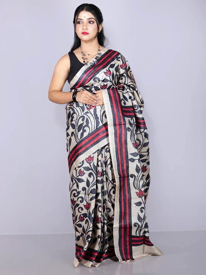 Elegant Allover Hand Painted Tussar Silk Saree
