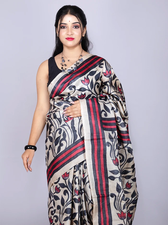 Elegant Allover Hand Painted Tussar Silk Saree