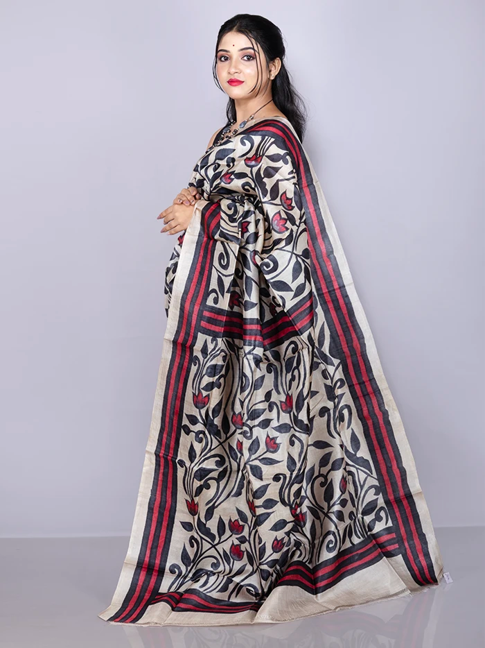 Elegant Allover Hand Painted Tussar Silk Saree