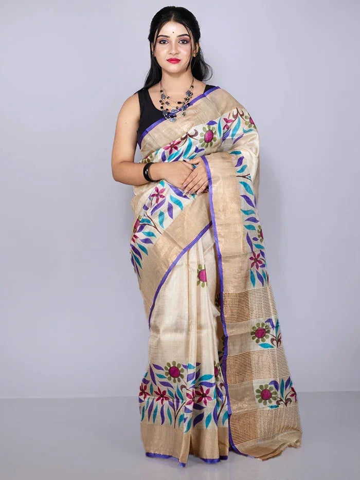 Wonderful Par Anchal Buti Hand Painted Tussar Silk Saree - WeaversIndia