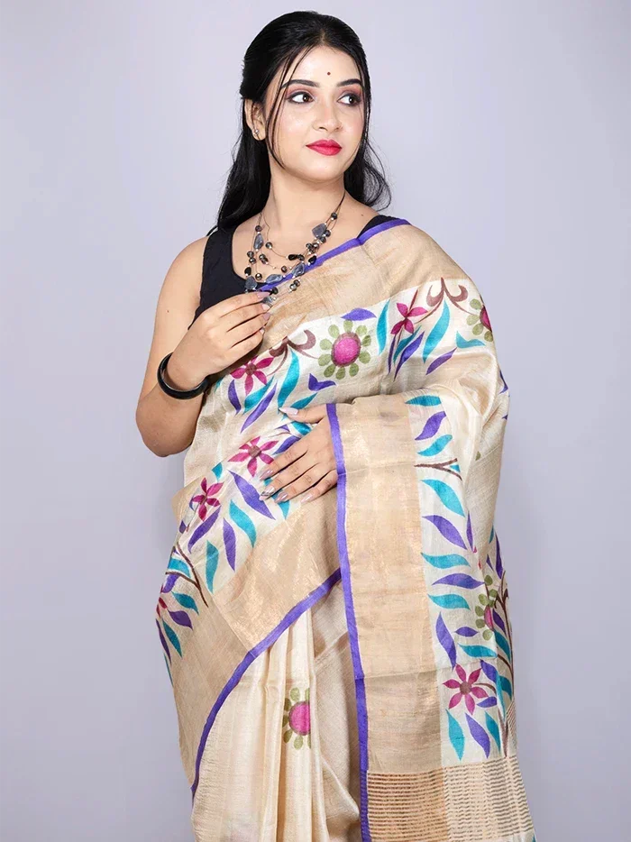 Wonderful Par Anchal Buti Hand Painted Tussar Silk Saree - WeaversIndia