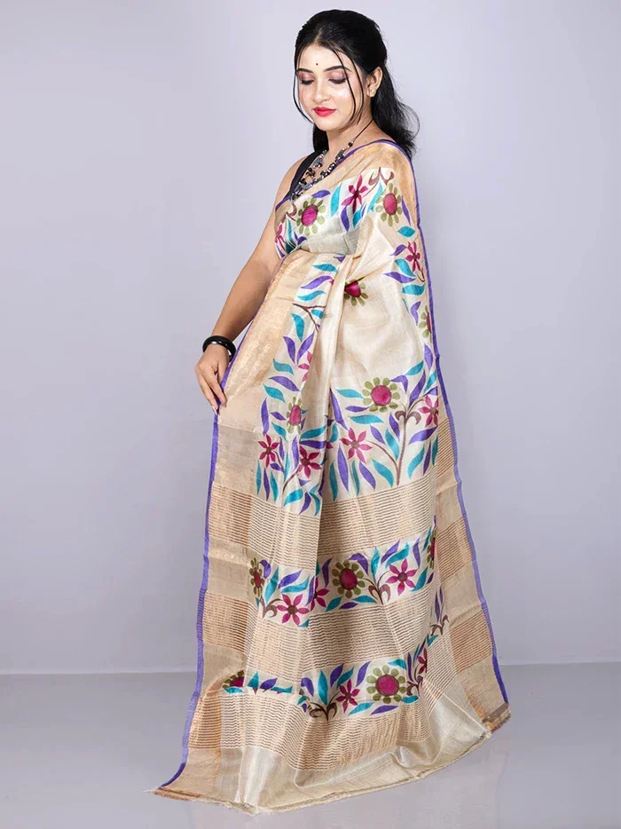 Wonderful Par Anchal Buti Hand Painted Tussar Silk Saree - WeaversIndia