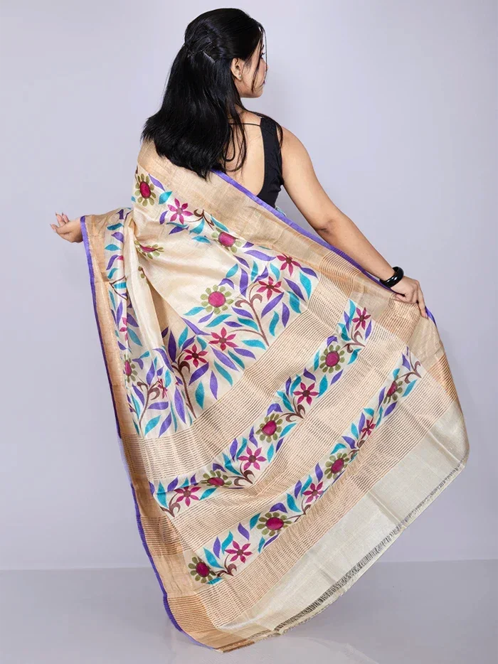 Wonderful Par Anchal Buti Hand Painted Tussar Silk Saree - WeaversIndia