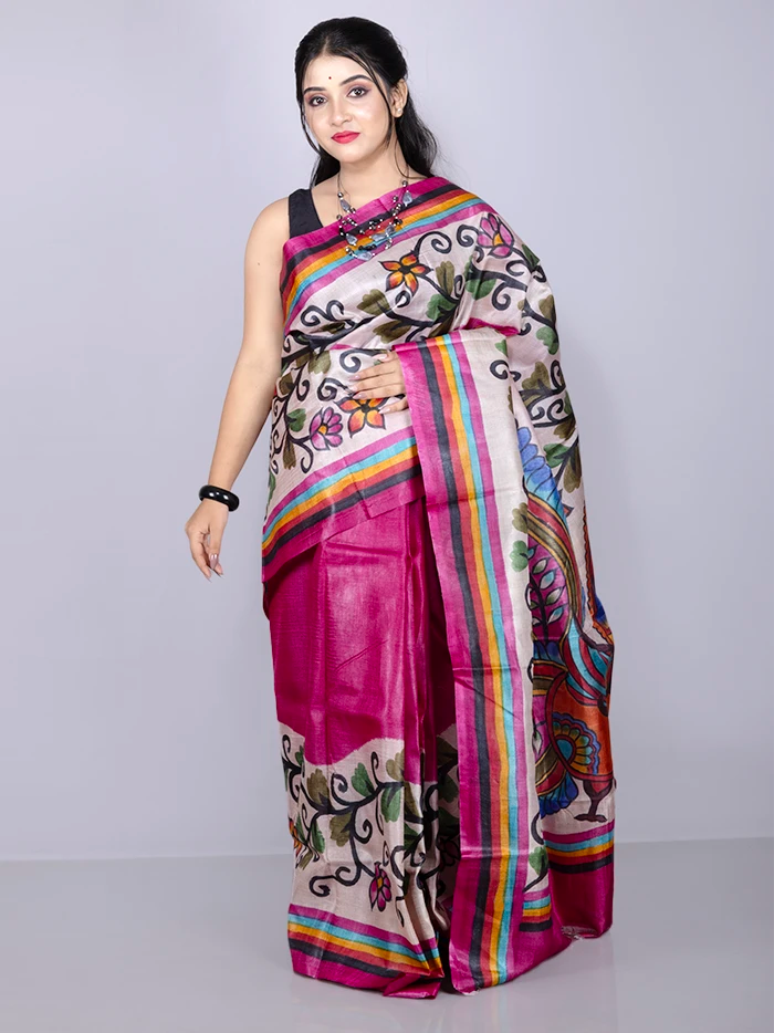 Elegant Par Anchal Hand Painted Tussar Silk Saree