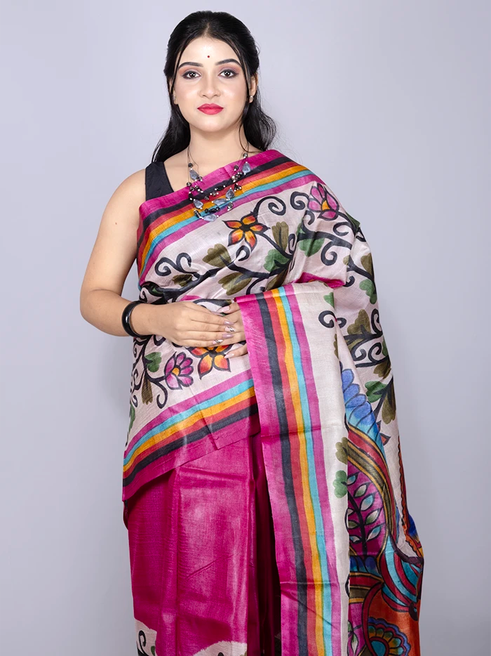 Elegant Par Anchal Hand Painted Tussar Silk Saree