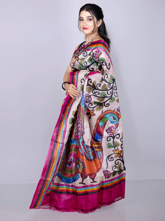 Elegant Par Anchal Hand Painted Tussar Silk Saree