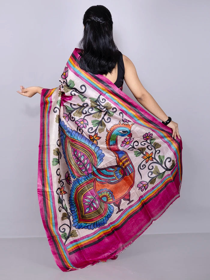 Elegant Par Anchal Hand Painted Tussar Silk Saree