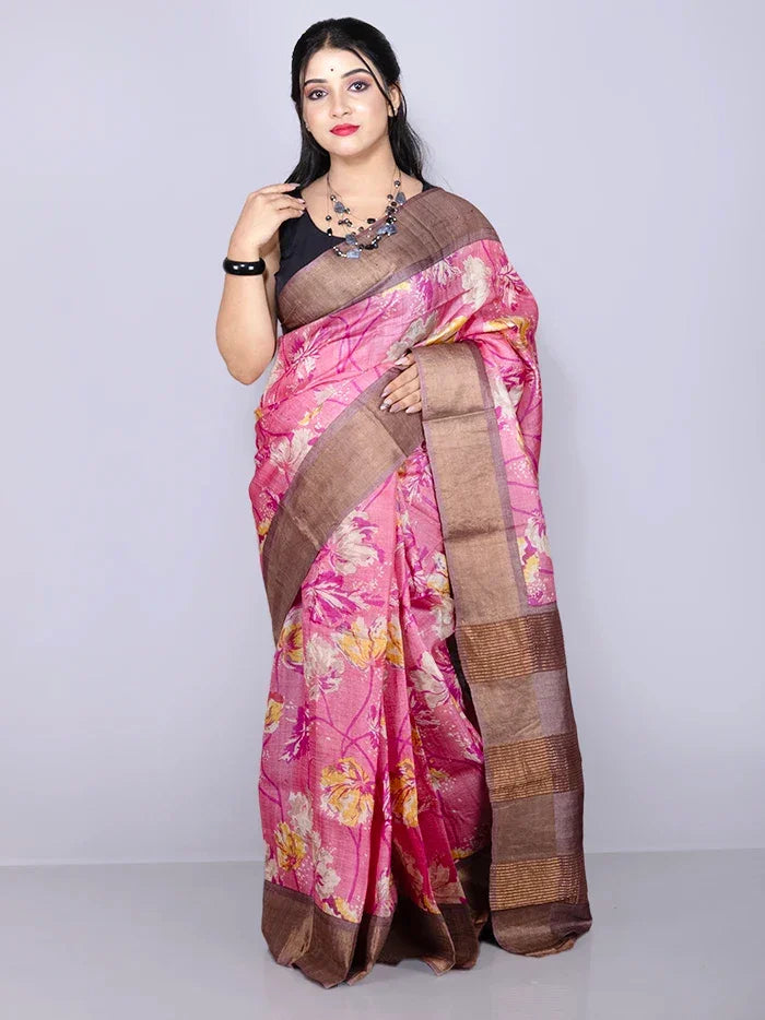 Wonderful Pink Allover Block Printed Tussar Silk Saree - WeaversIndia