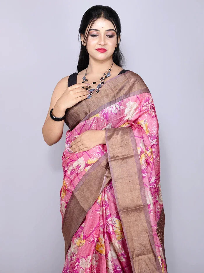 Wonderful Pink Allover Block Printed Tussar Silk Saree - WeaversIndia