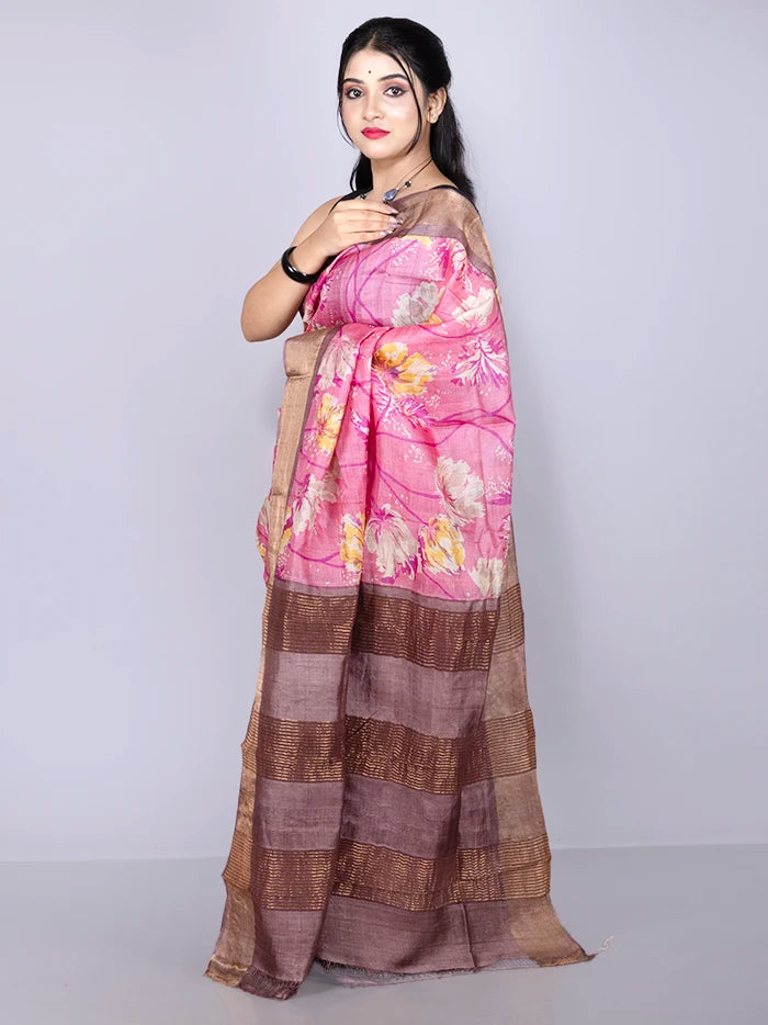 Wonderful Pink Allover Block Printed Tussar Silk Saree