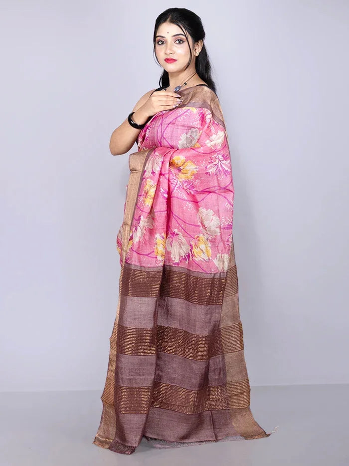 Wonderful Pink Allover Block Printed Tussar Silk Saree - WeaversIndia