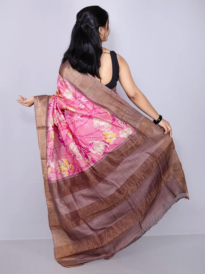 Wonderful Pink Allover Block Printed Tussar Silk Saree
