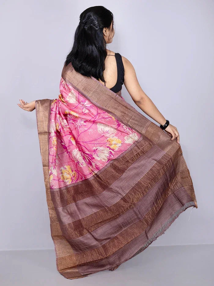Wonderful Pink Allover Block Printed Tussar Silk Saree - WeaversIndia