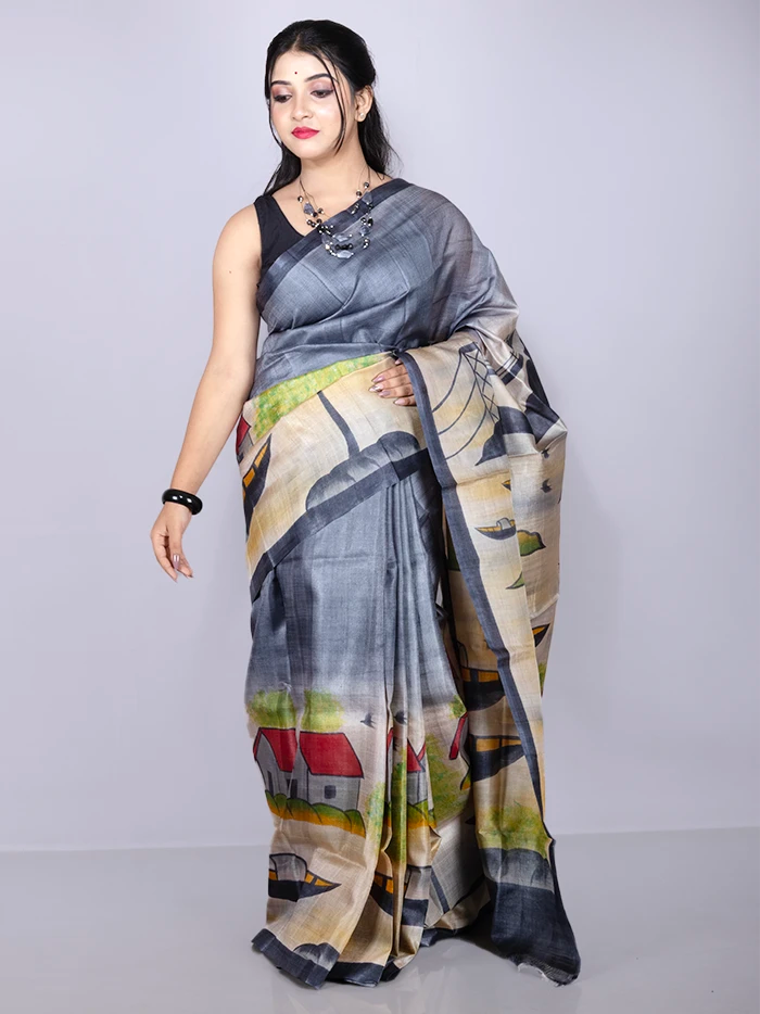 Elegant Par Anchal Hand Painted Tussar Silk Saree