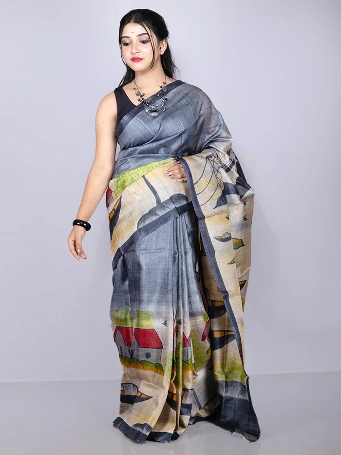 Elegant Par Anchal Hand Painted Tussar Silk Saree