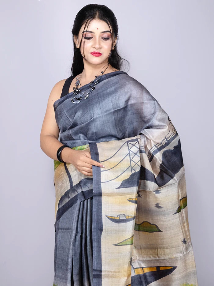 Elegant Par Anchal Hand Painted Tussar Silk Saree