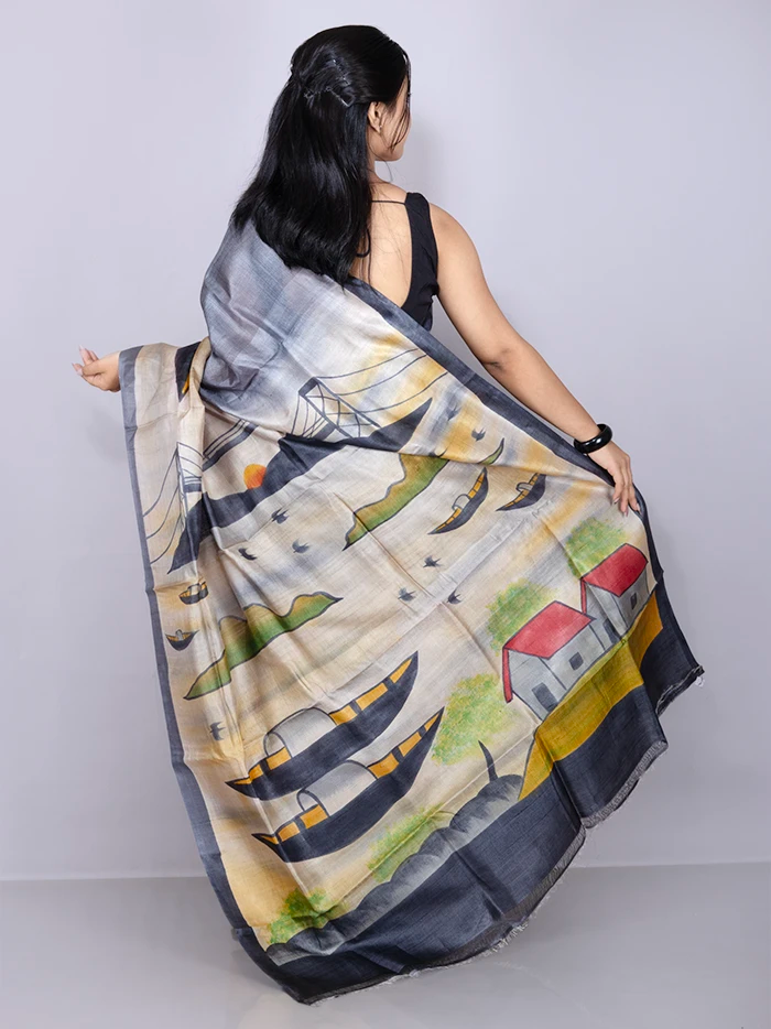 Elegant Par Anchal Hand Painted Tussar Silk Saree