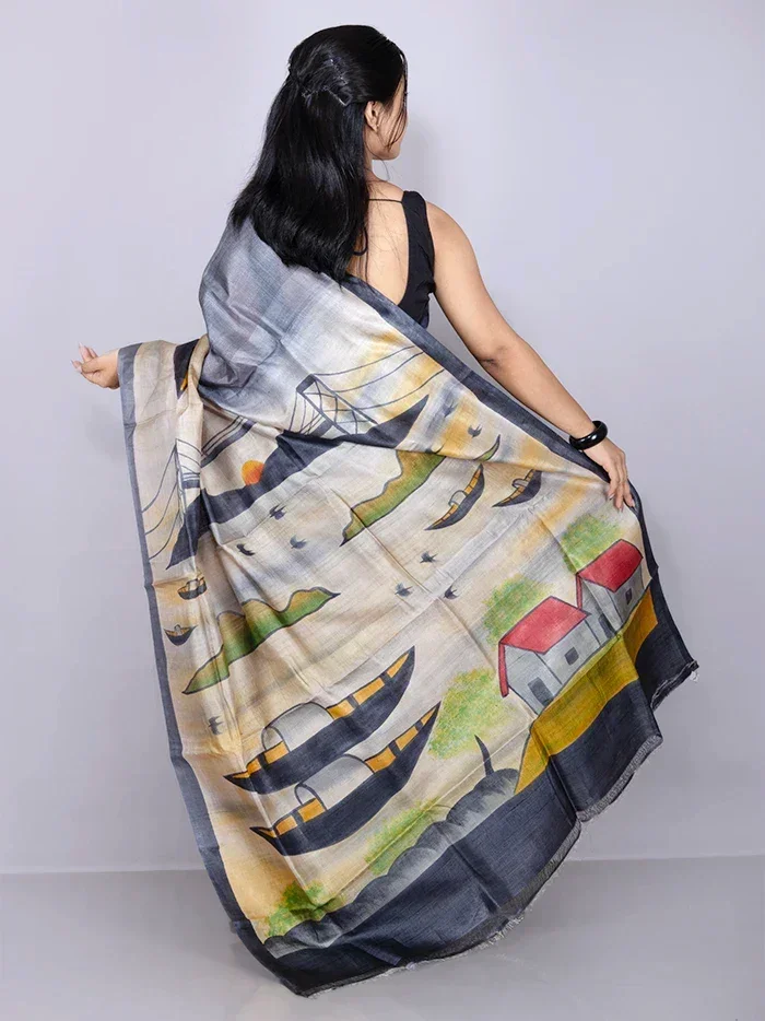 Elegant Par Anchal Hand Painted Tussar Silk Saree