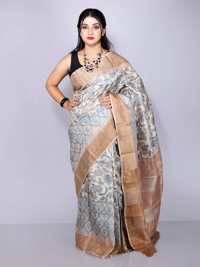 Wonderful Allover Block Printed Tussar Silk Saree