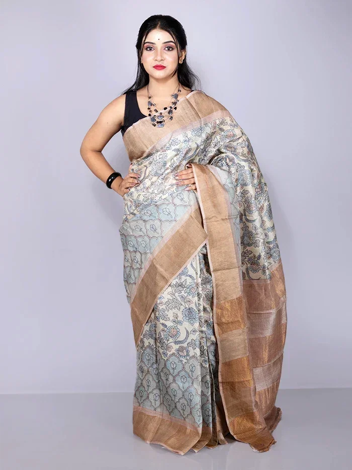 Wonderful Allover Block Printed Tussar Silk Saree - WeaversIndia
