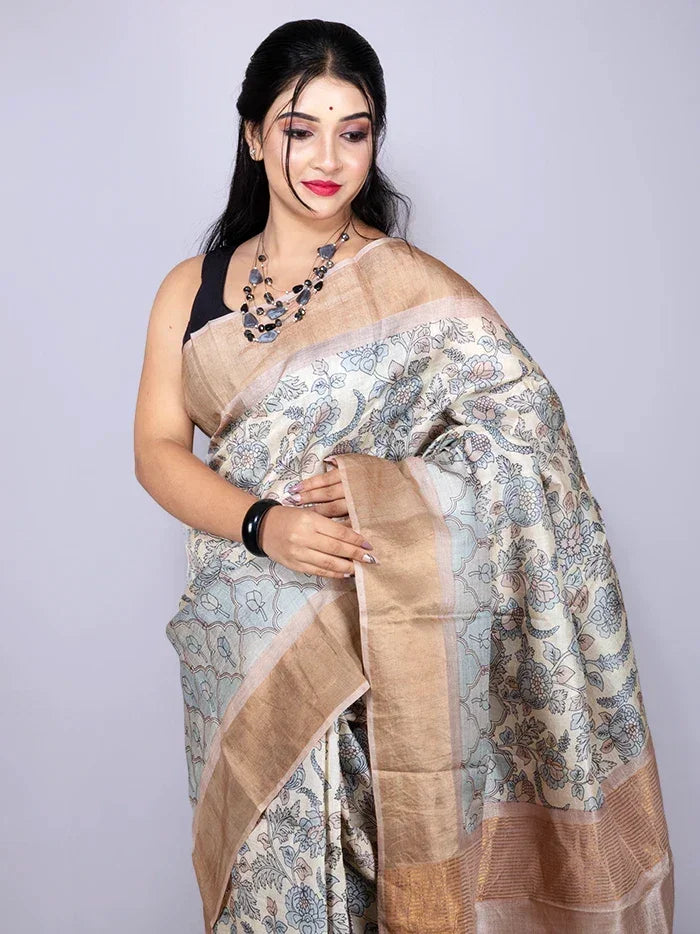 Wonderful Allover Block Printed Tussar Silk Saree - WeaversIndia