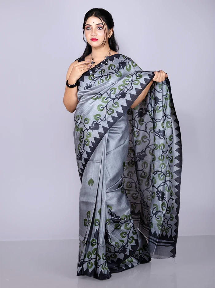 Elegant Par Anchal Buti Hand Painted Tussar Silk Saree