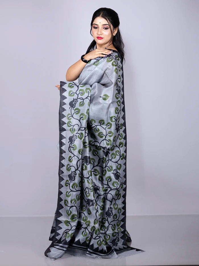 Elegant Par Anchal Buti Hand Painted Tussar Silk Saree