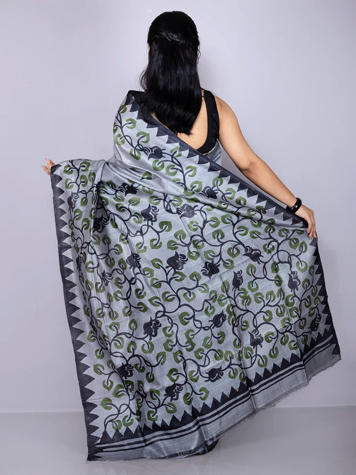 Elegant Par Anchal Buti Hand Painted Tussar Silk Saree