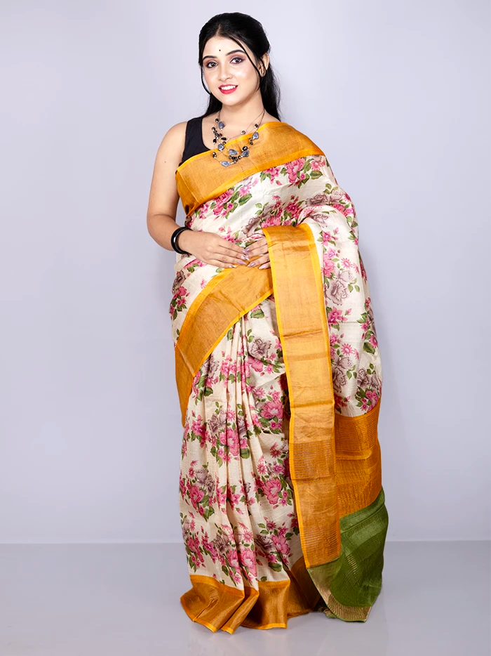 Elegant Allover Block Printed Tussar Silk Saree