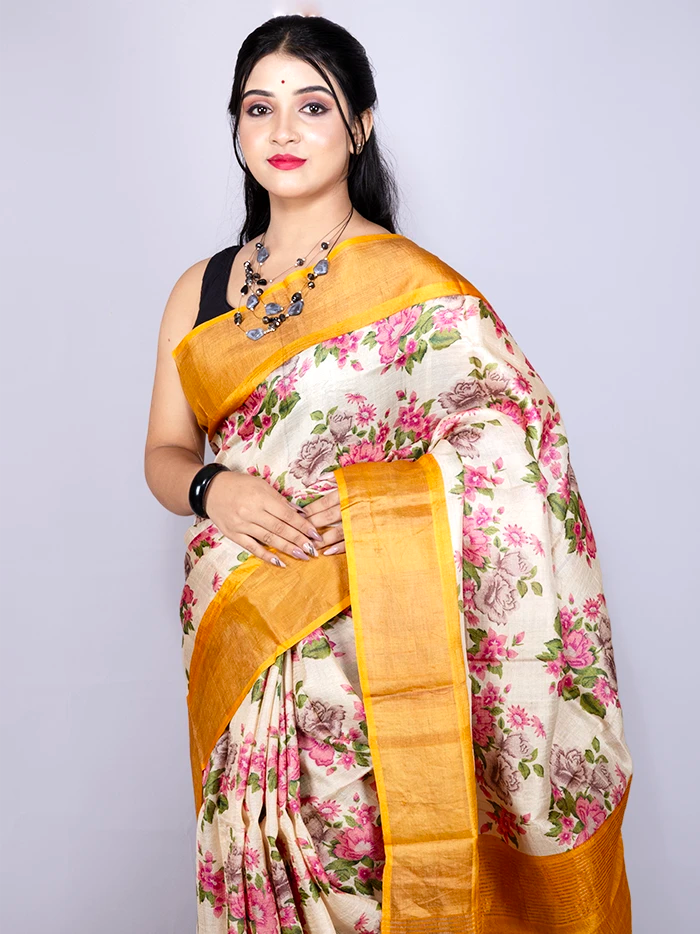 Elegant Allover Block Printed Tussar Silk Saree