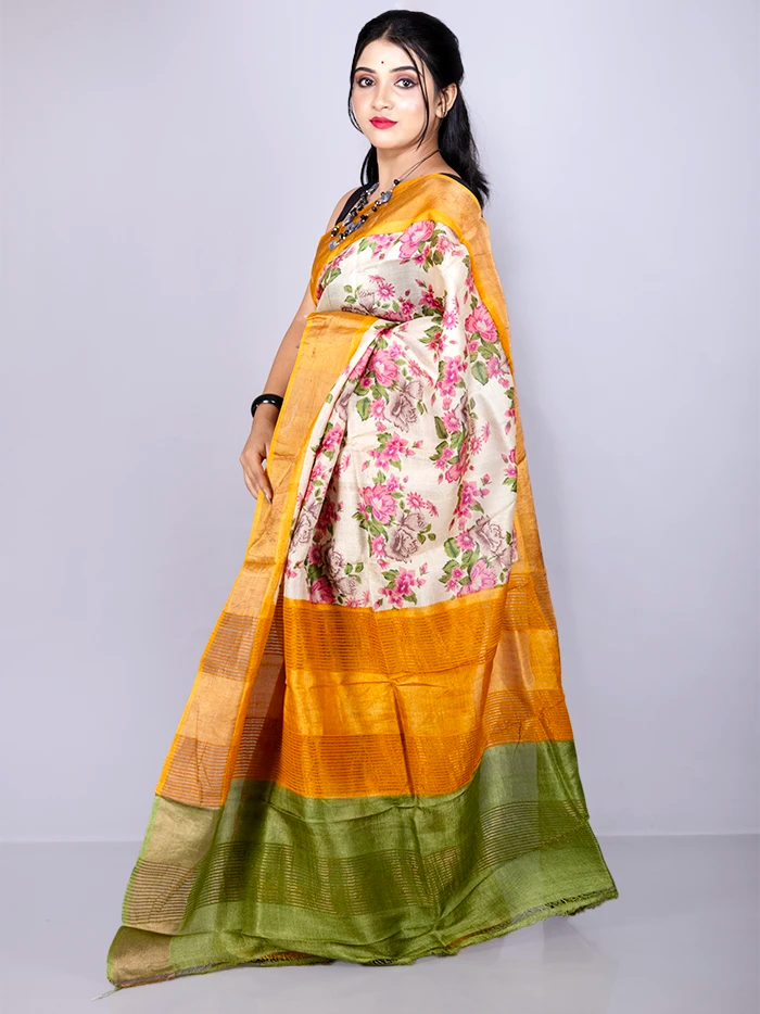 Elegant Allover Block Printed Tussar Silk Saree