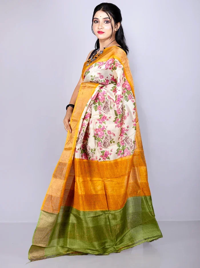 Elegant Allover Block Printed Tussar Silk Saree - WeaversIndia