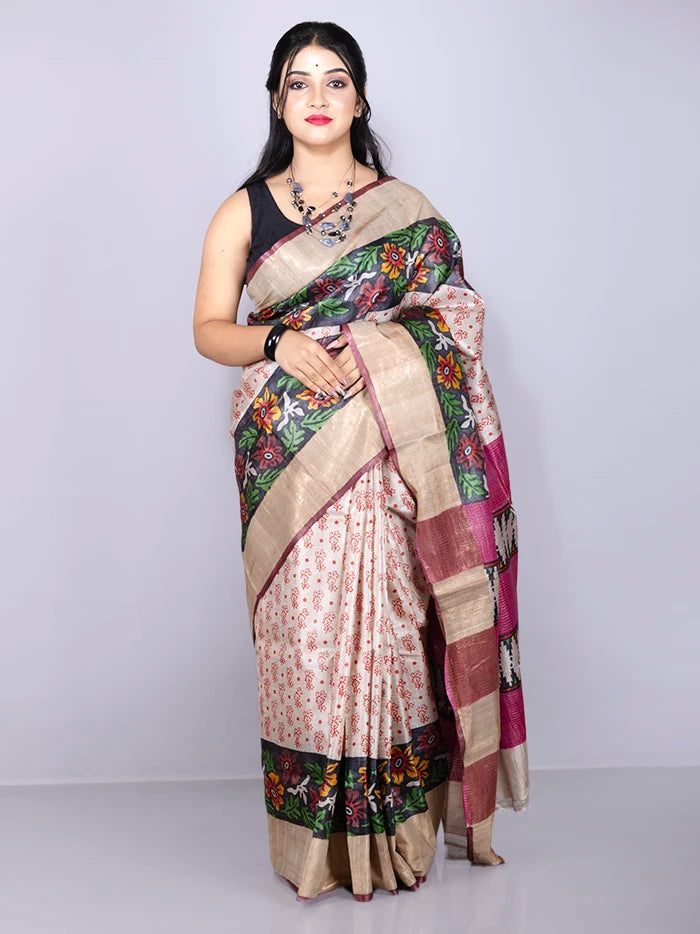 Elegant Allover Block Printed Tussar Silk Saree
