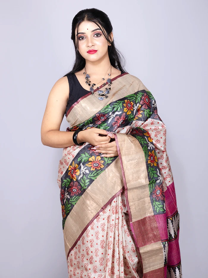 Elegant Allover Block Printed Tussar Silk Saree