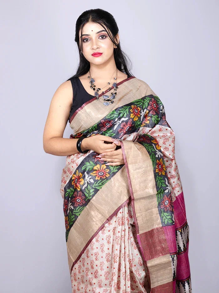 Elegant Allover Block Printed Tussar Silk Saree - WeaversIndia