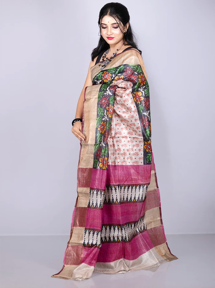 Elegant Allover Block Printed Tussar Silk Saree