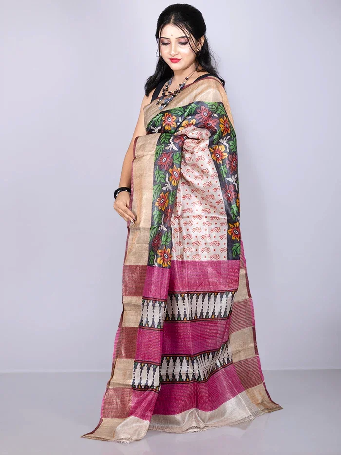 Elegant Allover Block Printed Tussar Silk Saree - WeaversIndia