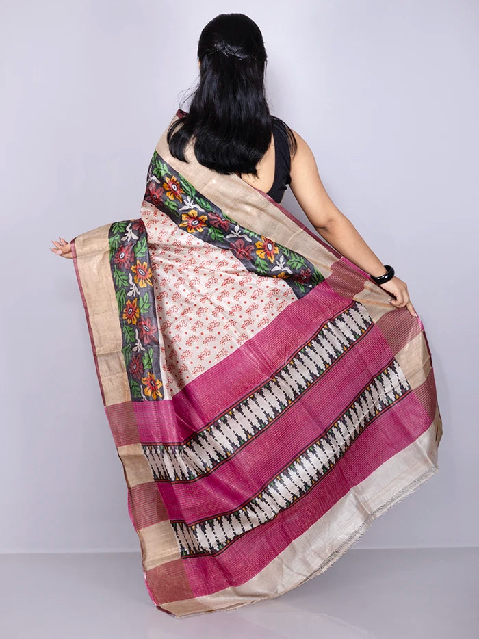 Elegant Allover Block Printed Tussar Silk Saree