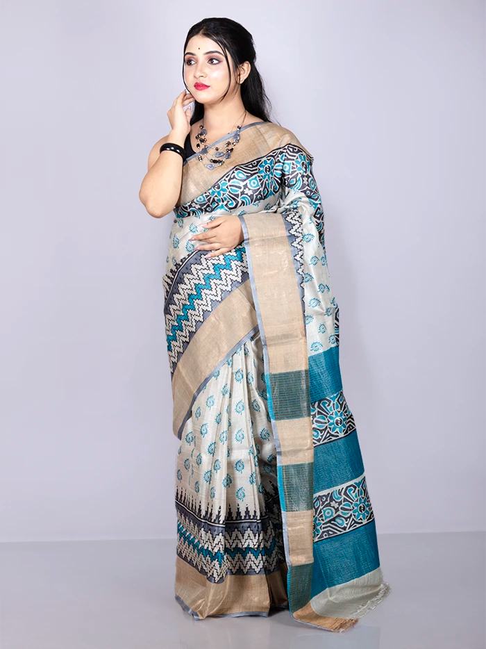 Elegant Allover Block Printed Tussar Silk Saree