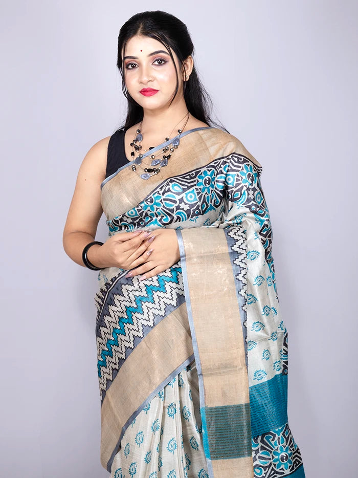 Elegant Allover Block Printed Tussar Silk Saree