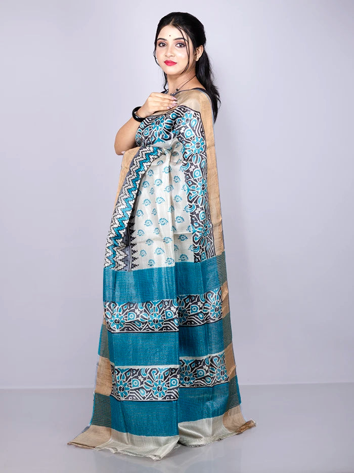 Elegant Allover Block Printed Tussar Silk Saree