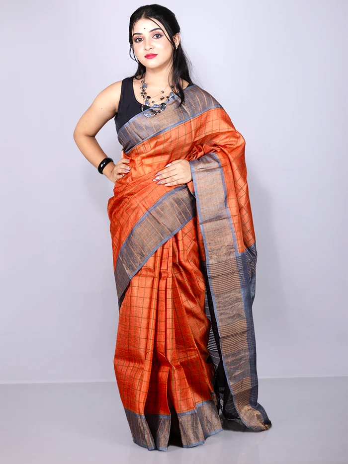 Elegant Rust Allover Block Printed Tussar Silk Saree