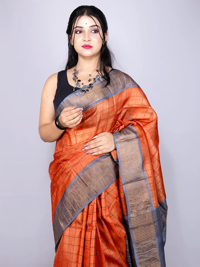Elegant Rust Allover Block Printed Tussar Silk Saree