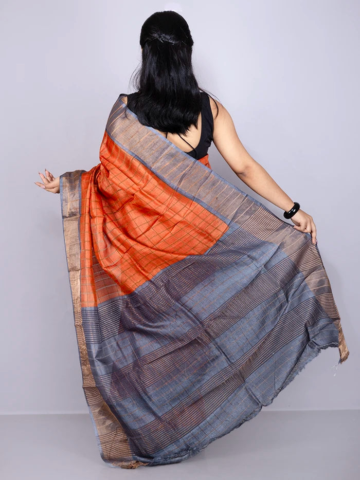 Elegant Rust Allover Block Printed Tussar Silk Saree