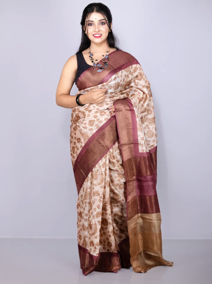 Elegant Allover Block Printed Tussar Silk Saree