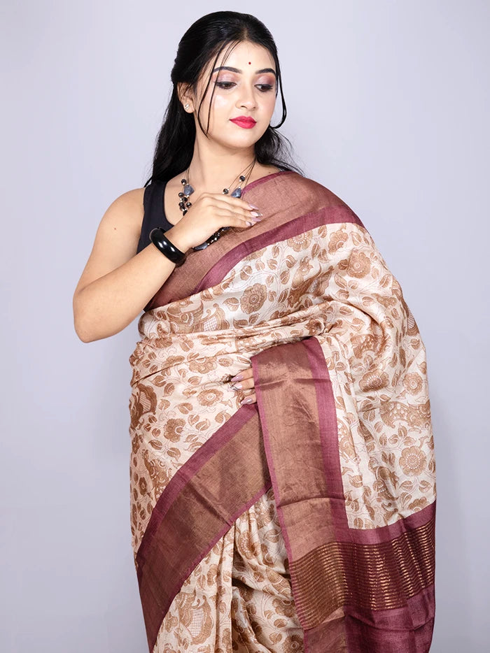 Elegant Allover Block Printed Tussar Silk Saree
