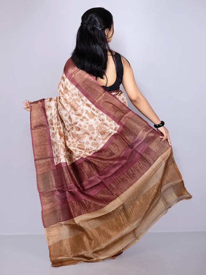 Elegant Allover Block Printed Tussar Silk Saree